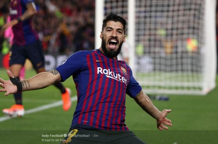 Striker FC Barcelona, Luis Suarez, mencetak gol dalam laga leg pertama semifinal Liga Champions kontra Liverpool FC di Stadion Camp Nou, 1 Mei 2019.