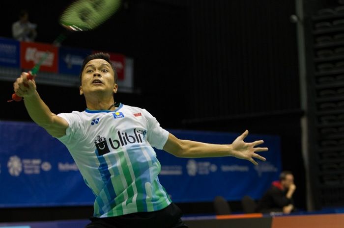 Pebulu tangkis tunggal putra Indonesia, Anthony Sinisuka Ginting, saat bertanding pada babak kedua New Zealand Open 2019, di Eventfinda Stadium, Auckland, Selandia Baru, Kamis (2/5/2019).