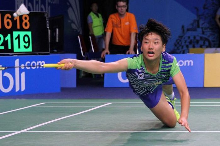 Pebulu tangkis tunggal putri Korea Selatan, An Se-young, tampil pada Kejuaraan Dunia Junior 2017.