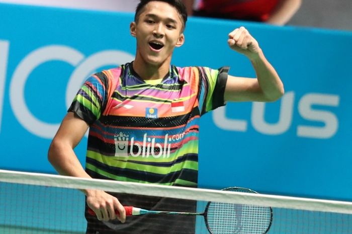 Pebulu tangkis tunggal putra Indonesia, Jonatan Christie, bereaksi pada final New Zealand Open 2019 di Eventfinda Stadium, Auckland, Selandia Baru, Minggu (5/5/2019).