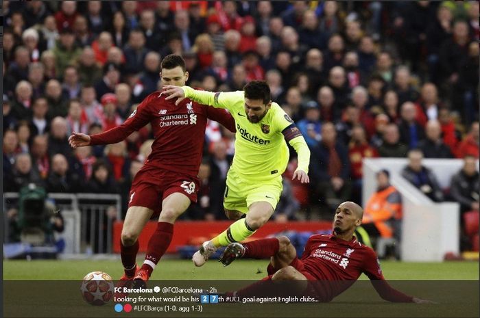 Aksi superstar Barcelona, Lionel Messi, dalam laga kontra Liverpool pada leg kedua semifinalLiga Champions di Anfield, Selasa (7/5/2019)