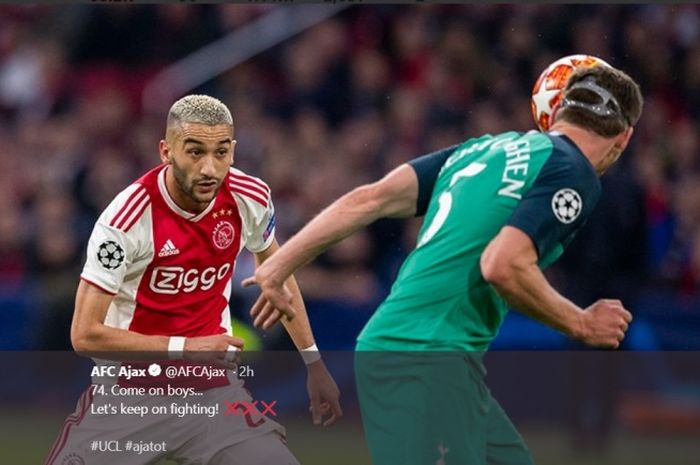 Bintang Ajax, Hakim Ziyech, dalam laga melawan Tottenham Hotspur pada leg kedua semifinal Liga Champions, Rabu (8/5/2019)