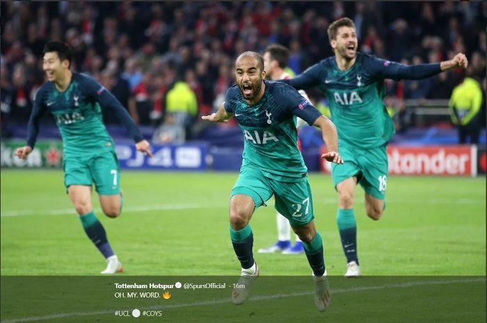 Striker Tottenham Hotspur, Lucas Moura, melakukan selebrasi seusai mencetak go ke gawang Ajax dalam leg kedua semifinal, Rabu (8/5/2019)