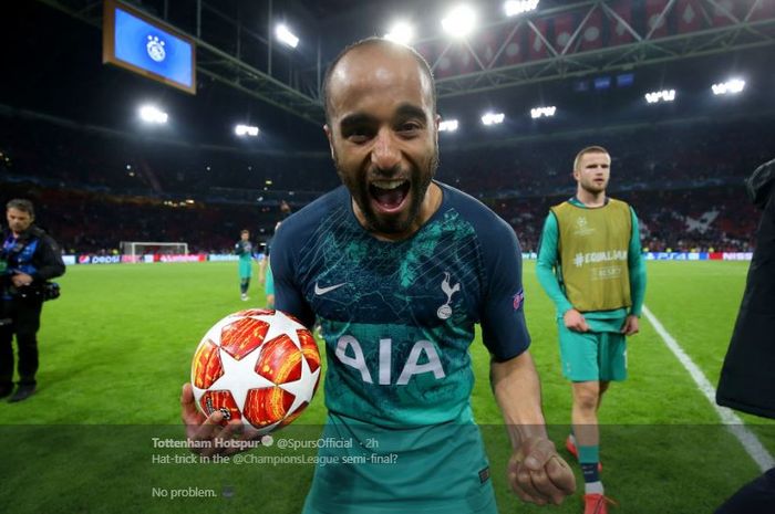 Penyerang Tottenham Hotspur, Lucas Moura, merayakan kemenangan atas Ajax Amsterdam dalam laga leg kedua semifinal Liga Champions di Stadion Johan Cruijff ArenA, Rabu (8/5/2019).