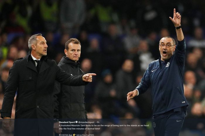 Reaksi pelatih Chelsea, Maurizio Sarri (kanan), dalam partai Liga Europa kontra Eintracht Frankfurt, 9 Mei 2019.