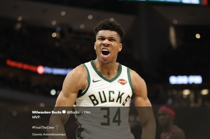 Ekspresi Giannis Antetokounmpo saat memperkuat Milwaukee Bucks pada partai kedua final wilayah timur NBA 2019,Sabtu (18/5/2019) pagi WIB