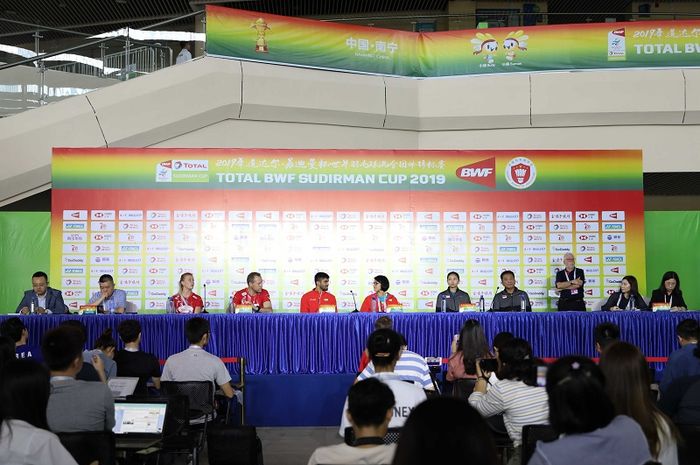 Suasana konferensi pers antara Denmark, India, dan Indonesia jelang Piala Sudirman 2019 di Guangxi Sports Center, Nanning, China, Sabtu (18/5/2019).