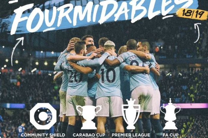 Akun Twitter resmi Manchester City mengunggah foto yang menampilkan prestasi The Citizens pada musim 2018-2019.