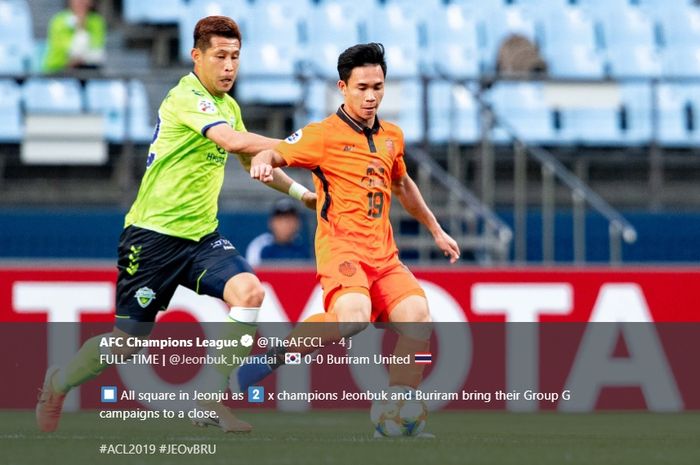 Penyerang Buriram United, Supachok Sarachart (kanan) saat coba dihentikan pemain Jeonbuk FC pada laga pamungkas fase grup Liga Champions Asia 2019 di Jeonju World Cup Stadium, 21 Mei 2019. 