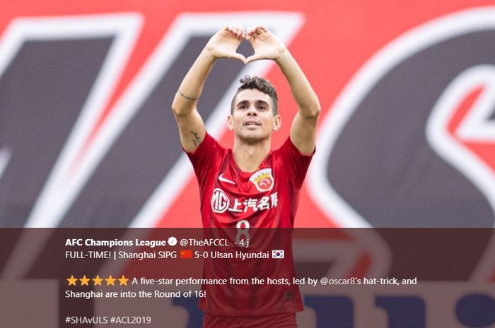 Selebrasi bintang Shanghai SIPG, Oscar seusai tiga kali membobol gawang Ulsan Hyundai pada laga pamungkas fase grup Liga Champions Asia 2019 di Shanghai Stadium, 21 Mei 2019.