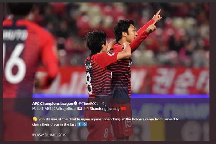 Selebrasi penyerang Sho Ito (kanan) seusai mencetak dua gol bagi Kashima Antlers ke gawang Shandong Luneng pada laga pamungkas Grup E Liga Champions Asia 2019 di Kashima Soccer Stadium, 22 Mei 2019.