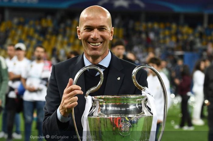 Pelatih Real Madrid, Zinedine Zidane, memamerkan trofi juara Liga Champions musim 2016-2017.