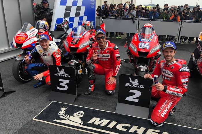 Para Pembalap Ducati, Jack Miller (kiri), Danilo Petrucci (tengah) dan Andrea Dovizioso (kanan)