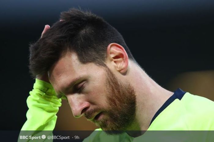 Ekspresi kecewa megabintang FC Barcelona, Lionel Messi, pada leg kedua semifinal Liga Champions 2018-2019 kontra Liverpool.