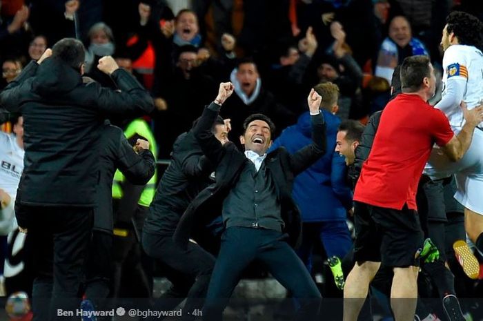 Pelatih Valencia, Marcelino Garcia Toral, merayakan gelar juara Copa del Rey 2018-19 setelah timnya menang 2-1 pada partai final di Estadio Benito Villamarin, 25 Mei 2019. 