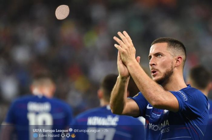 Bintang Chelsea, Eden Hazard, merayakan golnya dalam final Liga Europa kontra Arsenal, 29 Mei 2019 di Stadion Olimpiade Baku, Azerbaijan.