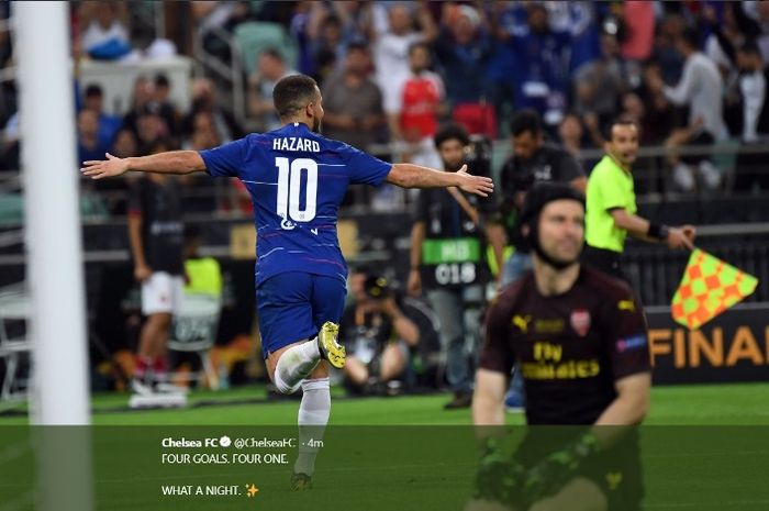 Bintang Chelsea, Eden Hazard, mencetak gol ke gawang Arsenal dalam final Liga Europa di Baku Olympic Stadium, Rabu (29/5/2019).