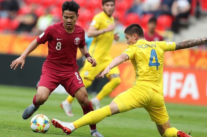 Aksi gelandang timnas U-20 Qatar, Andri Syahputra saat melawan Ukraina pada Piala Dunia U-20 2019.