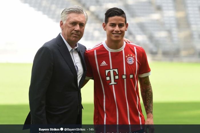 Carlo Ancelotti saat masih membela Bayern Muenchen bersama gelandang James Rodriguez.