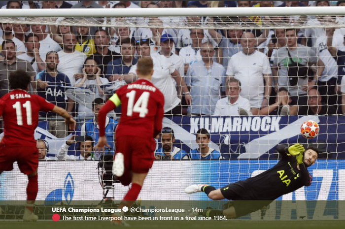 Penyerang Liverpool, Mohamed Salah, menjebol gawang Tottenham Hotspur saat final Liga Champions 2018-2019 baru berjalan 1 menit 48 detik, Sabtu (1/6/2019) di Stadion Wanda Metropolitano, Madrid.