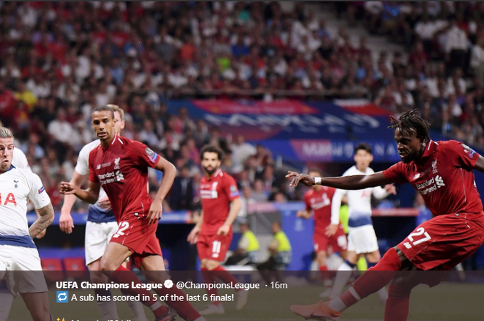 Penyerang Liverpool, Divock Origi, mencetak gol kedua timnya yang menang 2-0 atas Tottenham Hotspur dalam laga final Liga Champions, Sabtu (1/6/2019) di Stadion Wanda Metropolitano, Madrid.