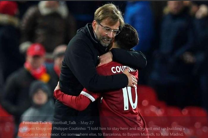 Juergen Klopp memeluk Philippe Coutinho saat sang pemain masih membela Liverpool.