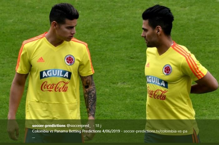 Dua pemain timnas Kolombia, James Rodriguez dan Radamel Falcao (kanan) jelang laga kontra Panama pada uji coba internasional di Bogota pada 3 Juni 2019.