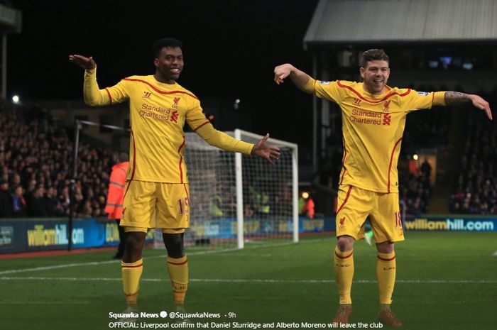 Alberto Moreno menirukan selebrasi Daniel Sturridge usai menjebol gawang lawan