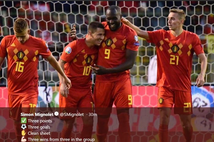 Belgia merayakan kemenangan 3-0 atas Kazakstan pada matchday 3 Kualifikasi Euro 2020, Sabtu (8/6/2019) di Brussels.