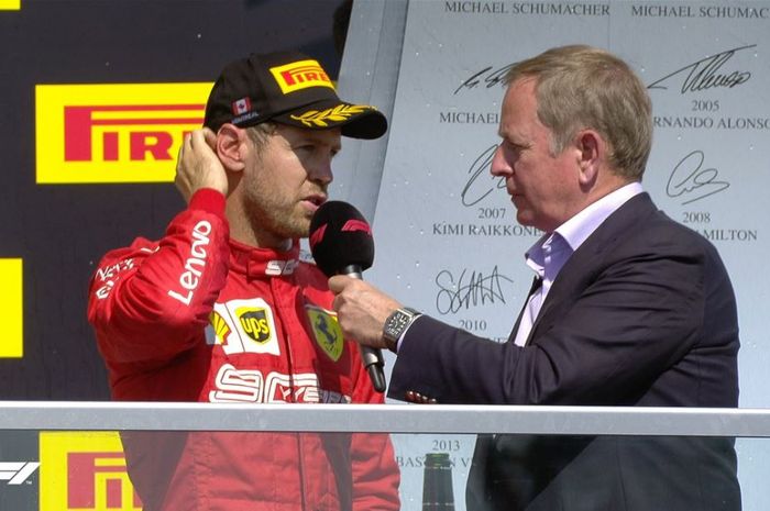 Pembalap Ferrari, Sebastian Vettel saat diwawancarai usai mentas pada F1 Kanada 2019, Senin (10/6/2019) dini hari WIB.