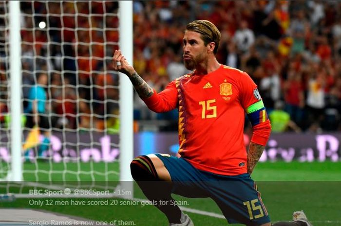 Selebrasi Sergio Ramos setelah mencetak gol untuk timnas Spanyol ke gawang Swedia dalam laga kualifikasi Piala Eropa 2020 di Santiago Bernabeu, 10 Juni 2019.