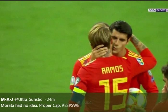 Pemain timnas Spanyol, Sergio Ramos dan Alvaro Morata, dalam Kualifikasi Piaal Eropa 2020 melawan Swedia di Estadio Santiago Bernabeu, Senin (10/6/2019).