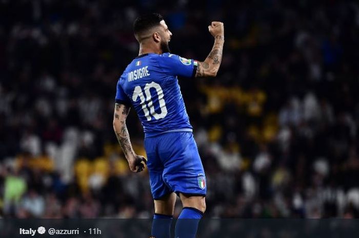 Penyerang timnas Italia, Lorenzo Insigne, merayakan golnya dalam laga Kualifikasi Piala Eropa 2020 versus Bosnia-Herzegovina, 11 Juni 2019 di Stadion Allianz, Turin.