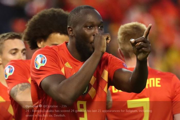 Aksi selebrasi Romelu Lukaku untuk golnya di timnas Belgia.