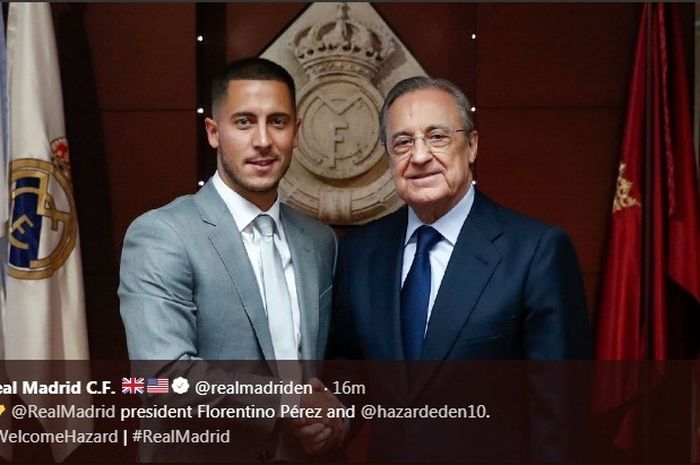 Eden Hazard dan Presiden Real Madrid, Florentino Perez, saat diperkenalkan pada Kamis (13/6/2019).