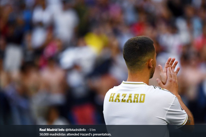 Sebanyak 50 ribu penonton hadir saat Eden Hazard diperkenalkan sebagai pemain baru Real Madrid di Stadion Santiago Bernabeu, Kamis (13/6/2019).