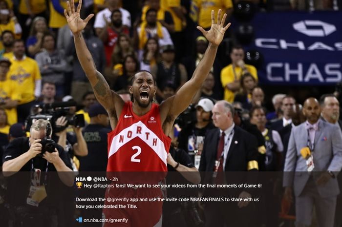 Ekspresi Kawhi Leonard setelah Toronto Raptors menjadi juara NBA 2019 seusai memenangkan laga keenam NBA Finals 2019, Jumat (14/6/2019) pagi WIB.