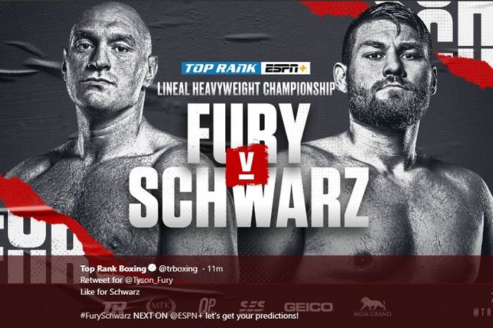 Poster duel tinju kelas berat antara Tyson Fury (kiri) kontra Tom Schwarz (kanan) yang digelar Sabtu(15/6/2019) malam waktu Amerika Serikat