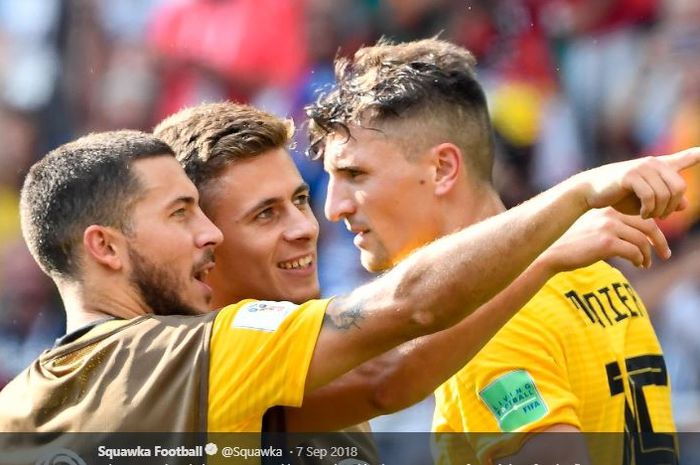 Para pemain timnas Belgia (dari kiri ke kanan), Eden Hazard, Thorgan Hazard, dan Thomas Meunier.