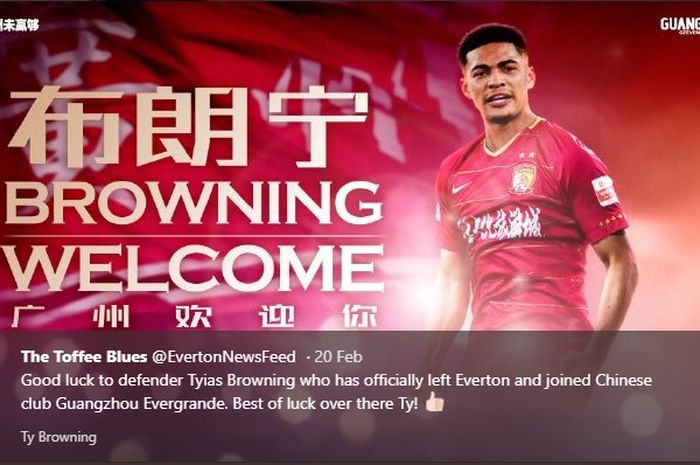 Ucapan selamat datang untuk Tyias Browning saat resmi berseragam Guangzhou Evergrande