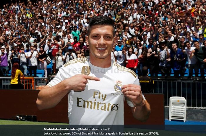 Penyerang baru Real Madrid, Luka Jovic, saat diperkenalkan kepada publik di Stadion Santiago Bernabeu