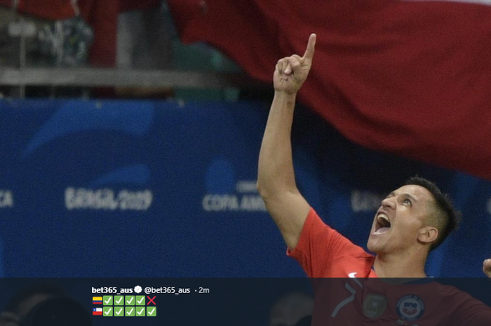 Selebrasi Alexis Sanchez setelah memastikan kemenangan Cile atas Kolombia pada babak perempat final Copa America 2019 di Arena Corinthians, 28 Juni 2019.