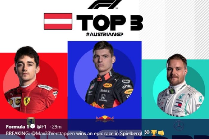 (dari ki-ka) Charles Leclerc, Max Vertappen, dan Valtteri Bottas melengkapi komposisi peraih podium F1 GP Austria 2019, Minggu (30/6/2019).