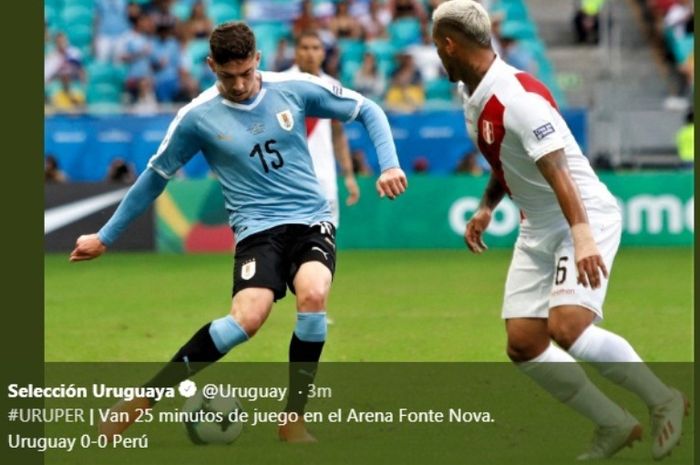 Gelandang timnas Uruguay, Fede Valverde, dalam laga kontra PEru apda perempat final Copa America 2019, Sabtu (29/6/2019).