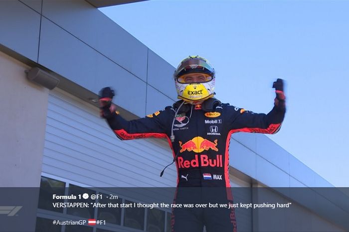 Ekspresi kegembiraan Max Verstappen (Red Bull Racing) sesaat setelah memenangi F1 GP Austria 2019 pada Minggu (30/6/2019)