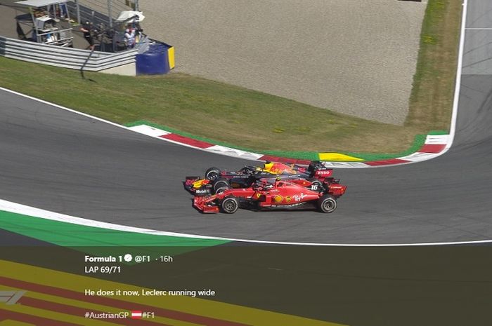 Momen saat Max Verstappen (mobil biru tua) dan Charles Leclerc (mobil merah) bersenggolan pada sesi balapan F1 GP Austria 2019, Minggu (30/6/2019)