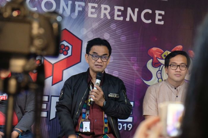 Hari Sungkari, Deputi Infrastruktur Bekraf, berbicara kepada media di acara konpers Bekraf Game Prime 2019.