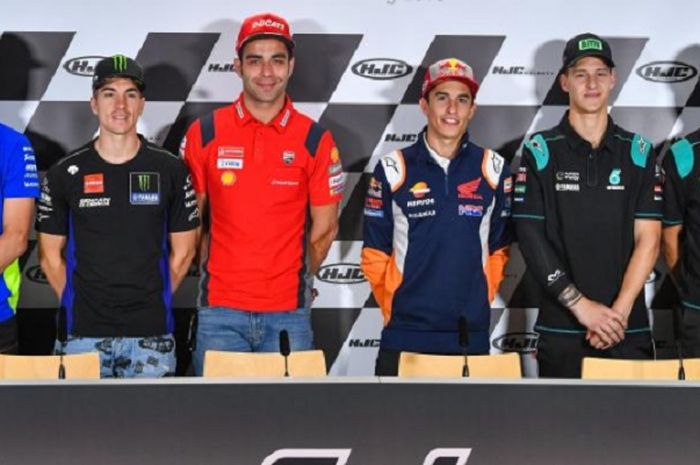 (dari ki-ka) Joan Mir, Maverick Vinales, Danilo Petrucci, Marc Marquez, Fabio Quartararo, dan Franco Morbidelli saat menghadiri sesi konferenis pers MotoGP Jerman 2019, Kamis (4/7//2019)