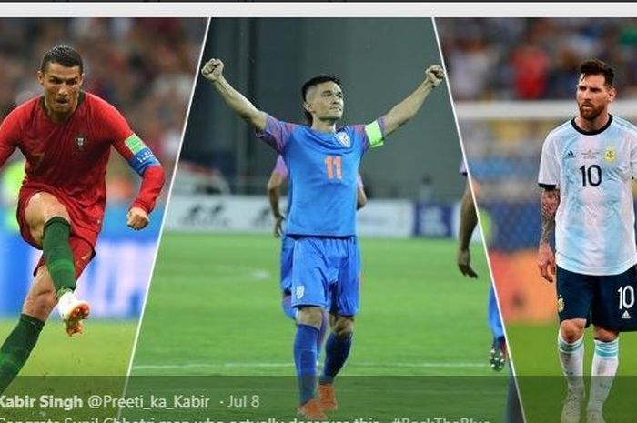 Dari kiri ke kanan, Cristiano Ronaldo, Sunil Chhetri, dan Lionel Messi.