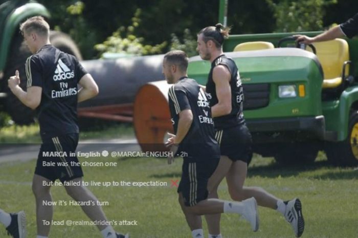 Eden Hazard dan Gareth Bale berlari bersama saat menjalani latihan pramusim Real Madrid di Montreal, Kanada, 10 Juli 2019.